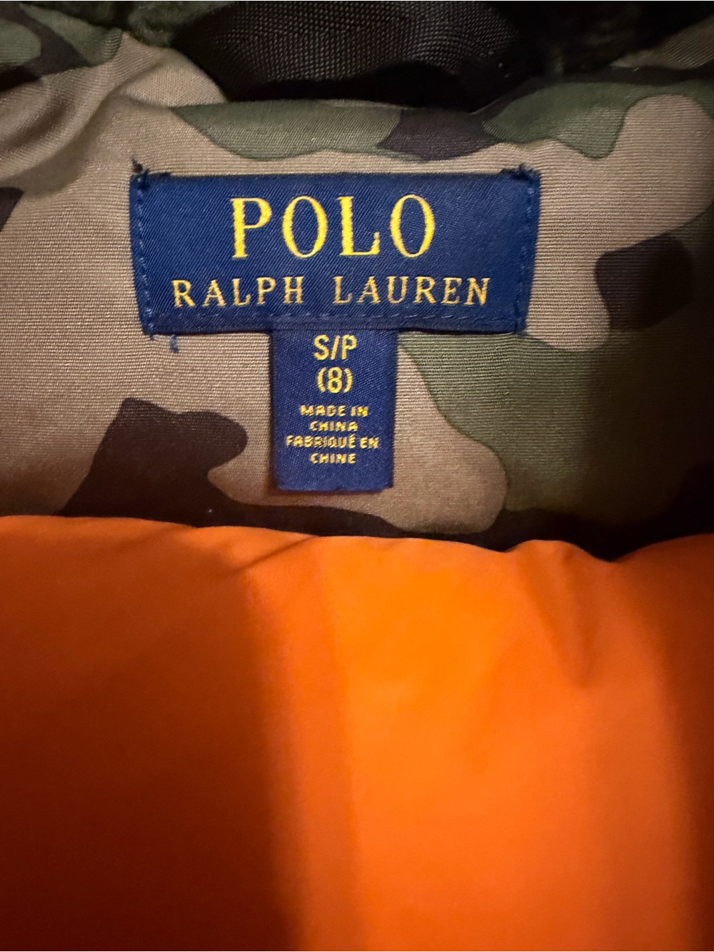 Polo Ralph Lauren Boys Camo Hooded Winter Parka Jacket Orange Lined | Size 8 (S)
